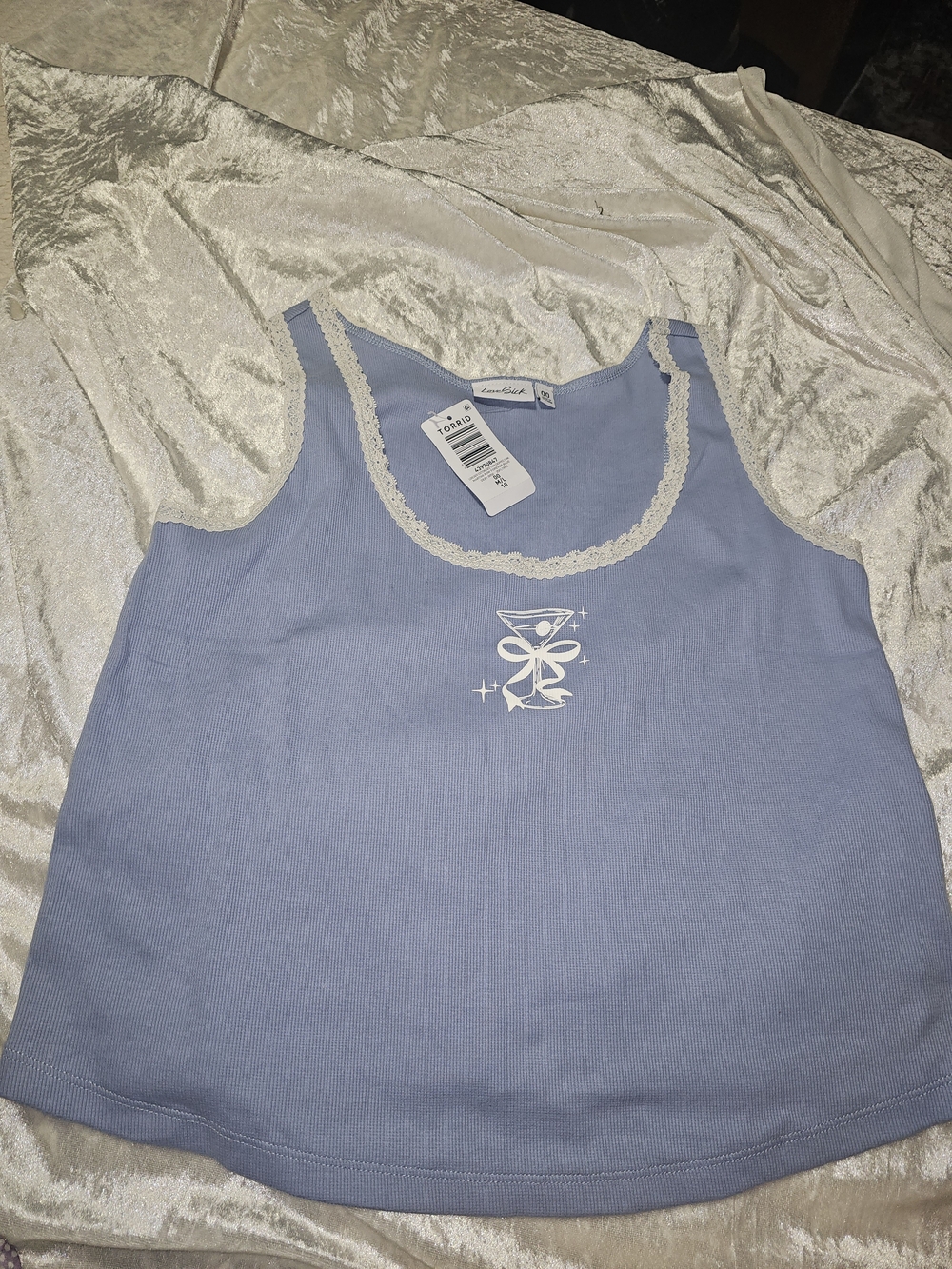 Lavender Ribbed Crop Tank with Cream Lace Trim